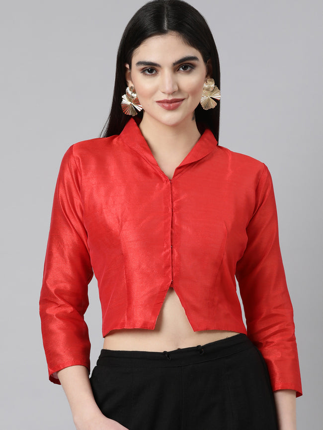 Red Solid Three-Quarter Sleeves Mandarin Collar Dupion Silk Knot Blouse