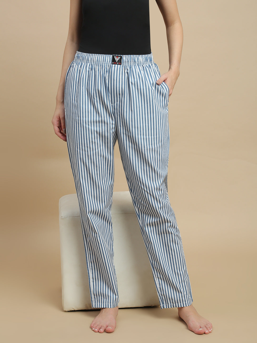 Women Blue & White Striped Cotton Pyjamas