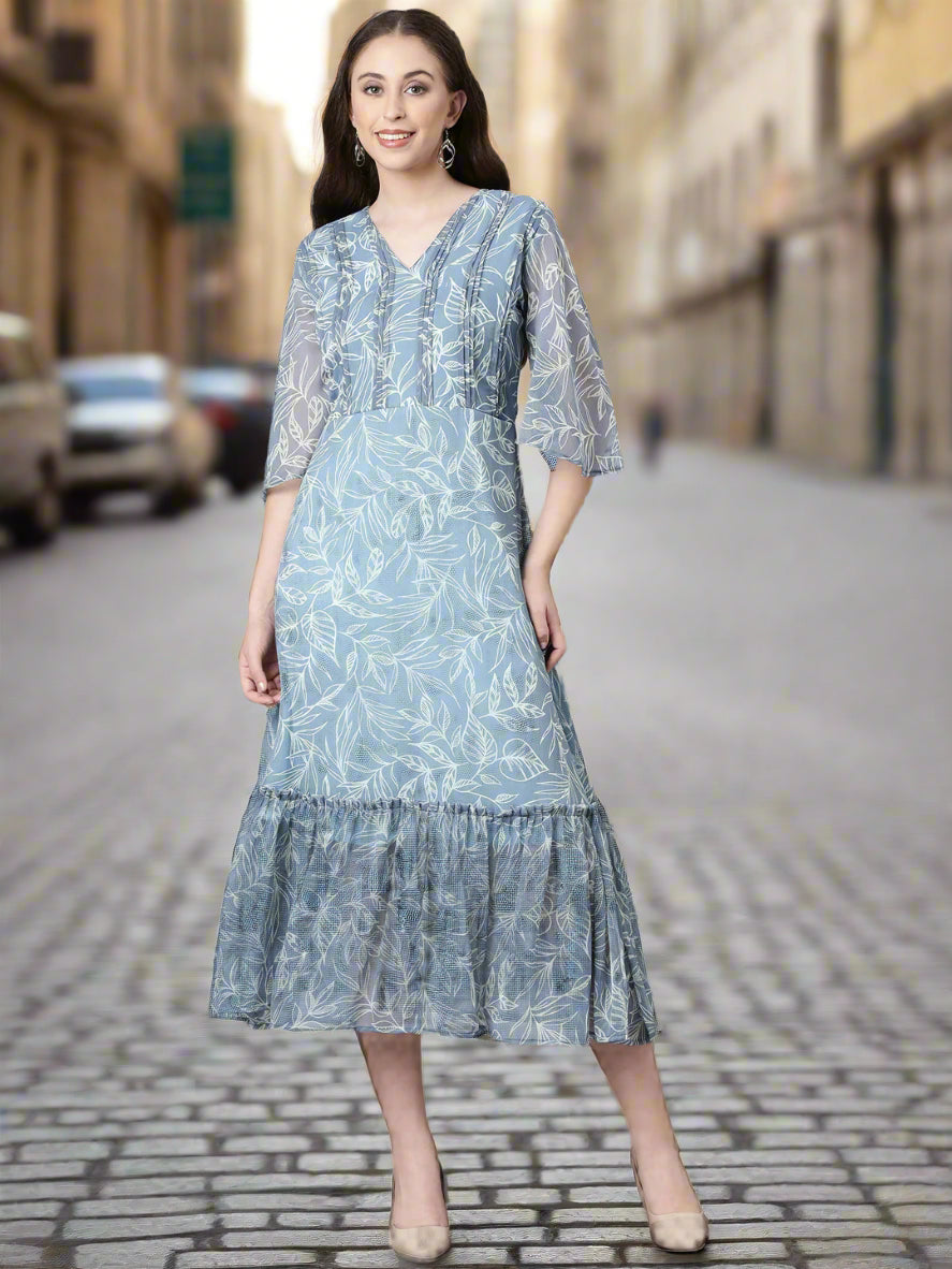 Women Grey Floral Chiffon Dress