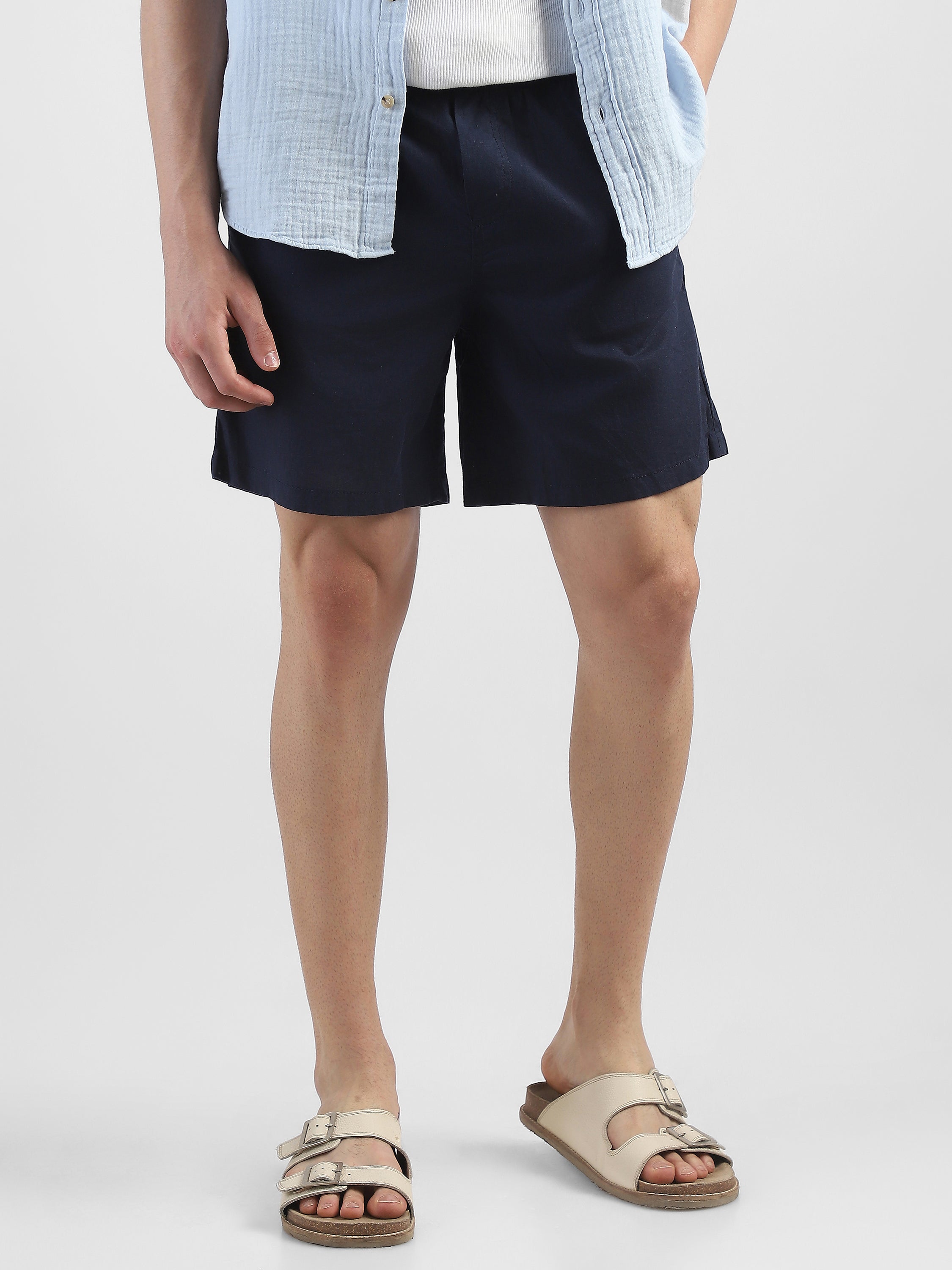 Men Navy Cotton Blend Shorts