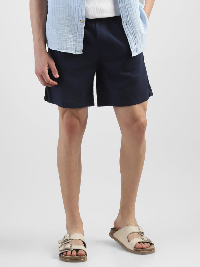 Men Navy Cotton Blend Shorts