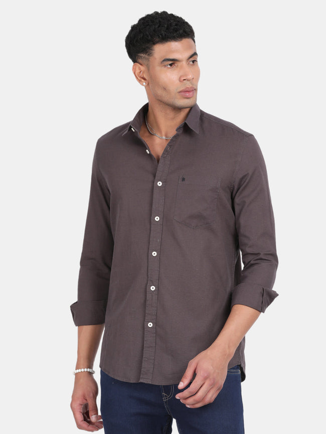 Men Grey Slim Fit Spread Collar Full Sleeve Casual Shirt