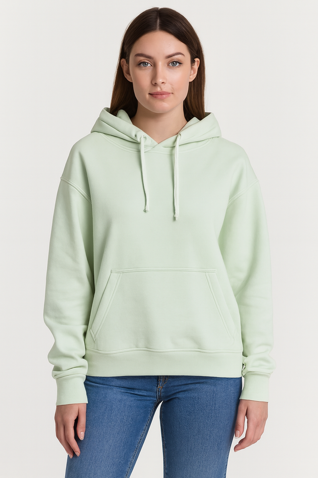 Women Green Solid Cotton Pullover Hoodie