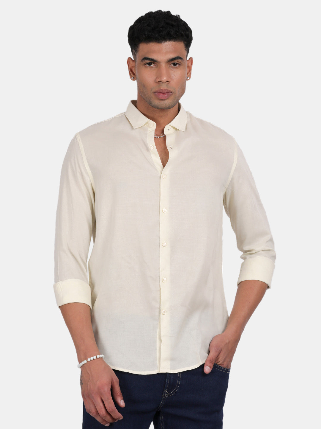 Men Light Cream Slim Fit Spread Collar Full Sleeve Casual Shirt
