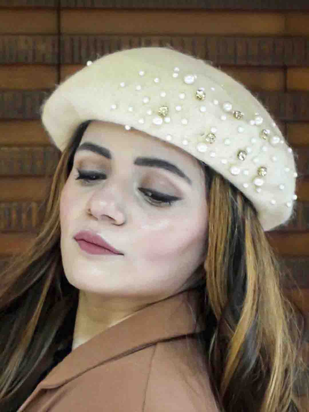 White Beret with Pearls & Crystals