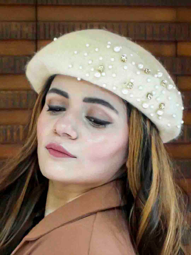 White Beret with Pearls & Crystals