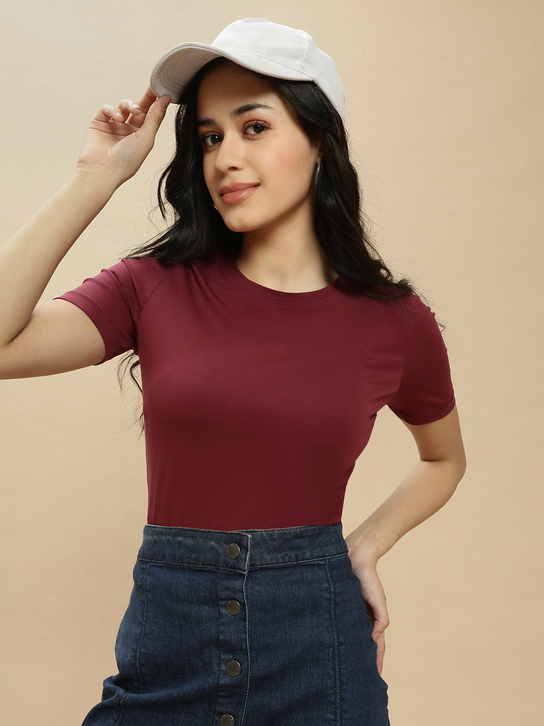 Women Burgundy Half Sleeve Top