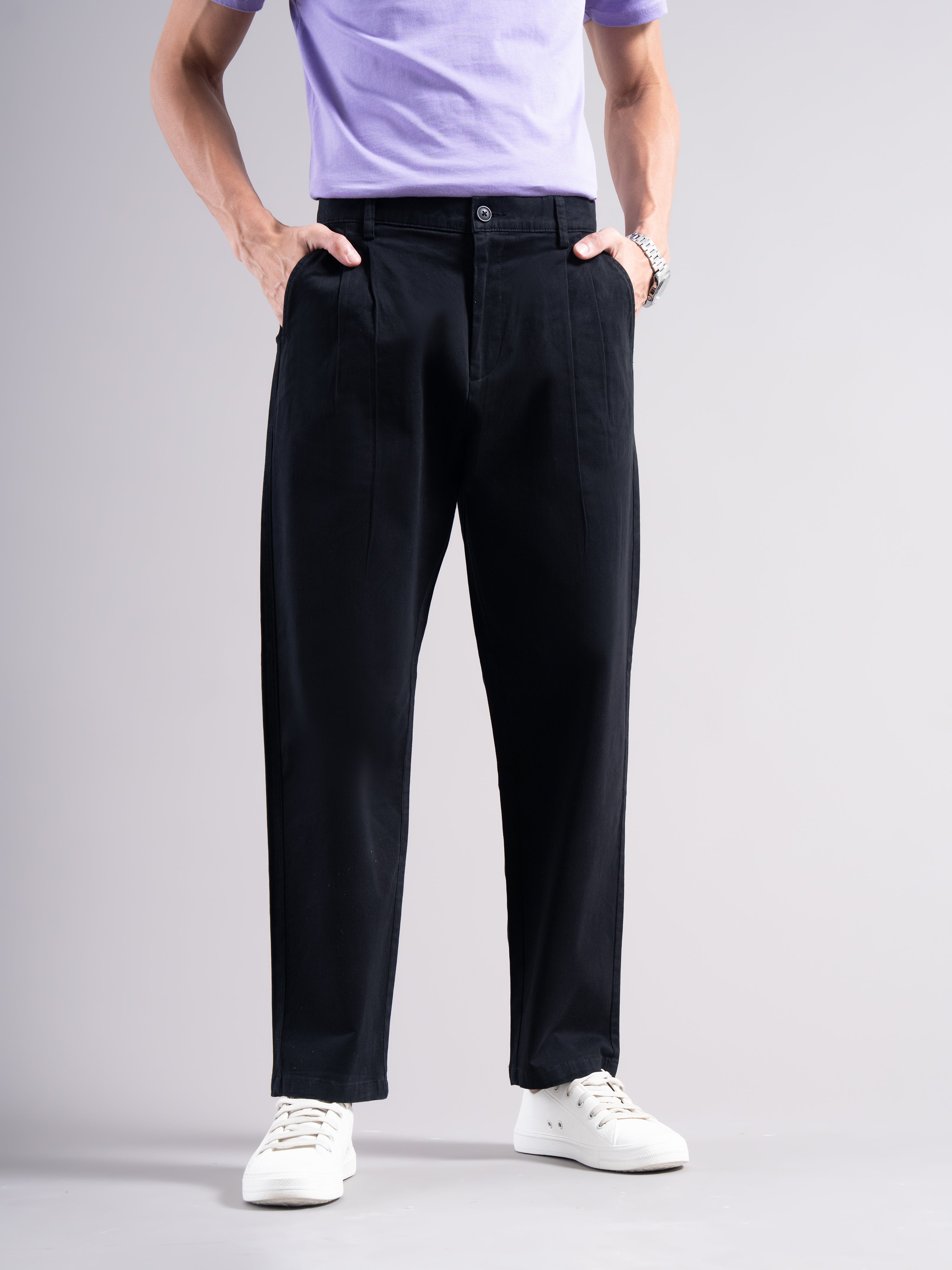 Men Black Elastic Waist Trousers