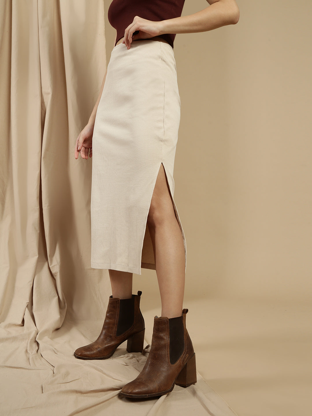 Women Beige Cotton Lycra Skirt