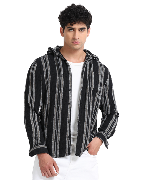 Men Striped Long Sleeve Hooded Casual Shirt