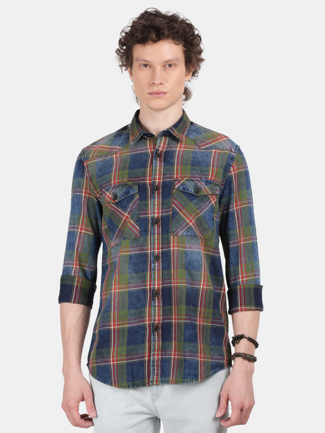 Men Blue Slim Fit Spread Collar Full Sleeve Casual Shirt