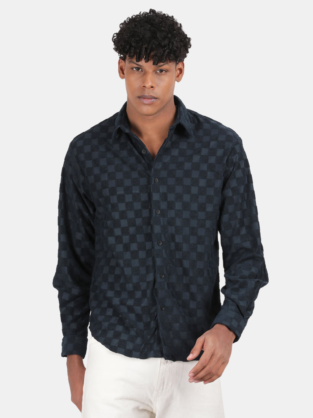Men Navy Slim Fit Spread Collar Full Sleeve Casual Shirt