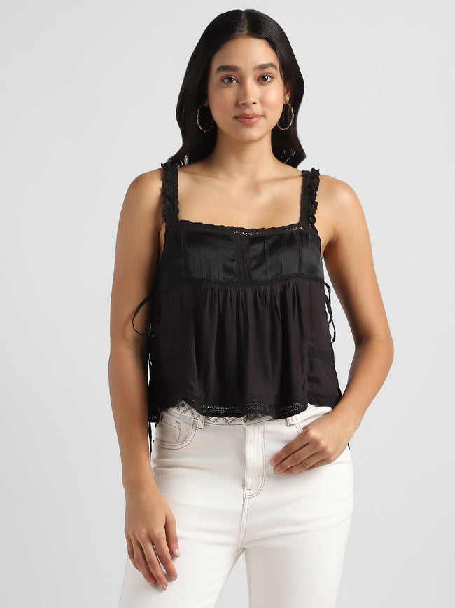 Women Black Satin Top with Lace Inserts