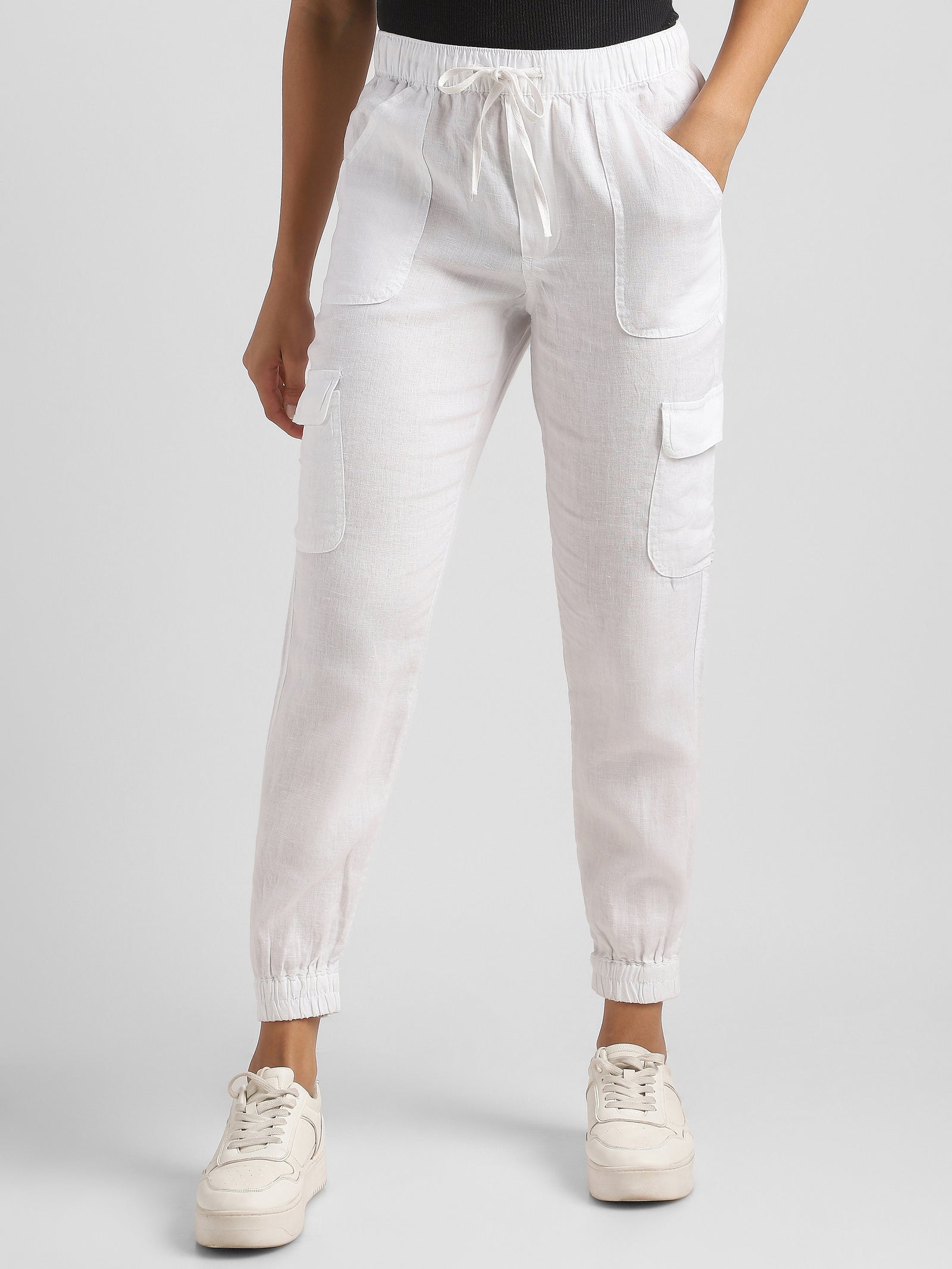 Women White Linen Blend Cargo Jogger Pants
