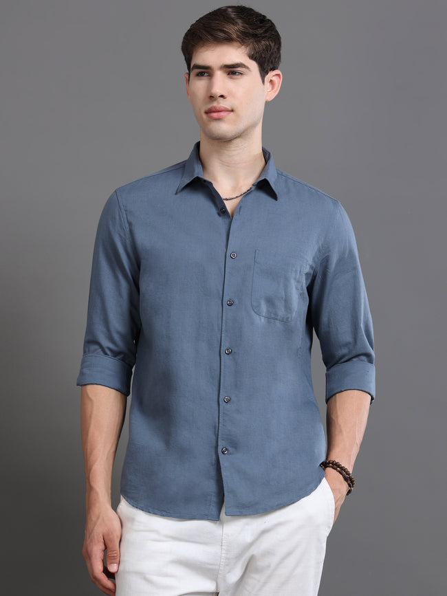 Men Blue Cotton Linen Slim Fit Shirt