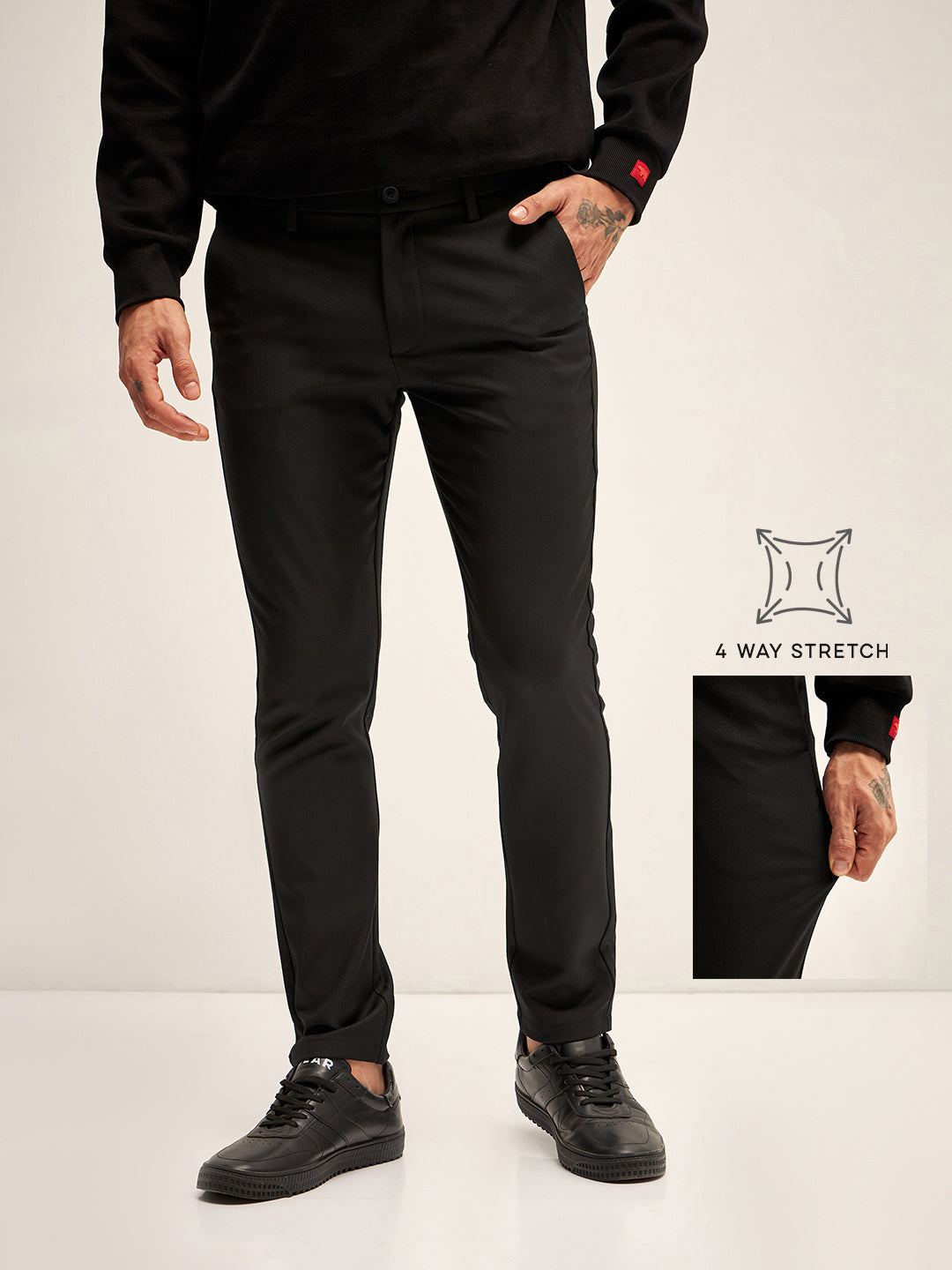 Men Black Solid 4 Way Stretch Formal Trouser