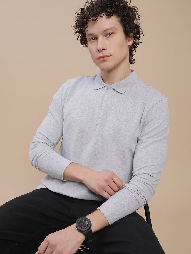 Men Grey Bonded Zipper T-Shirt