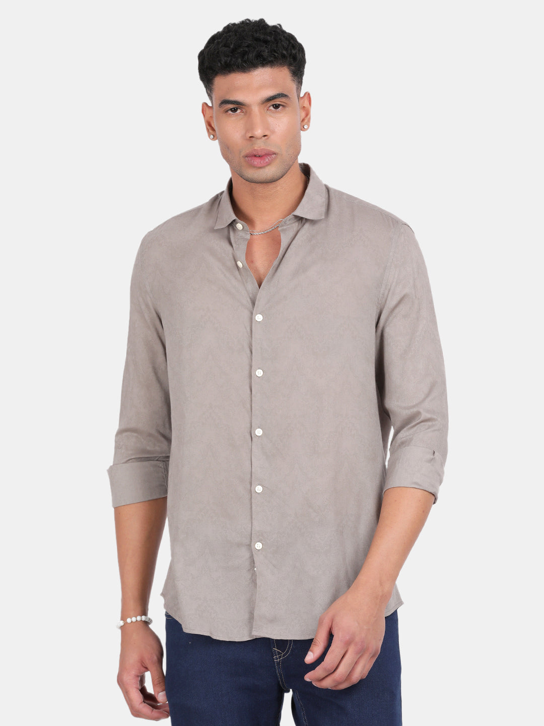 Men Grey Slim Fit Spread Collar Full Sleeve Casual Shirt