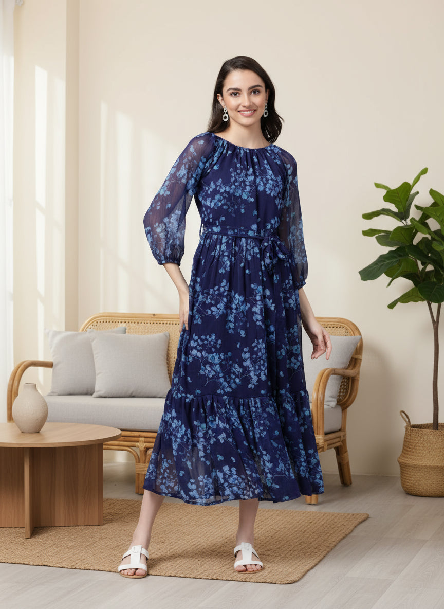 Women Bloom Navy Chiffon Dress