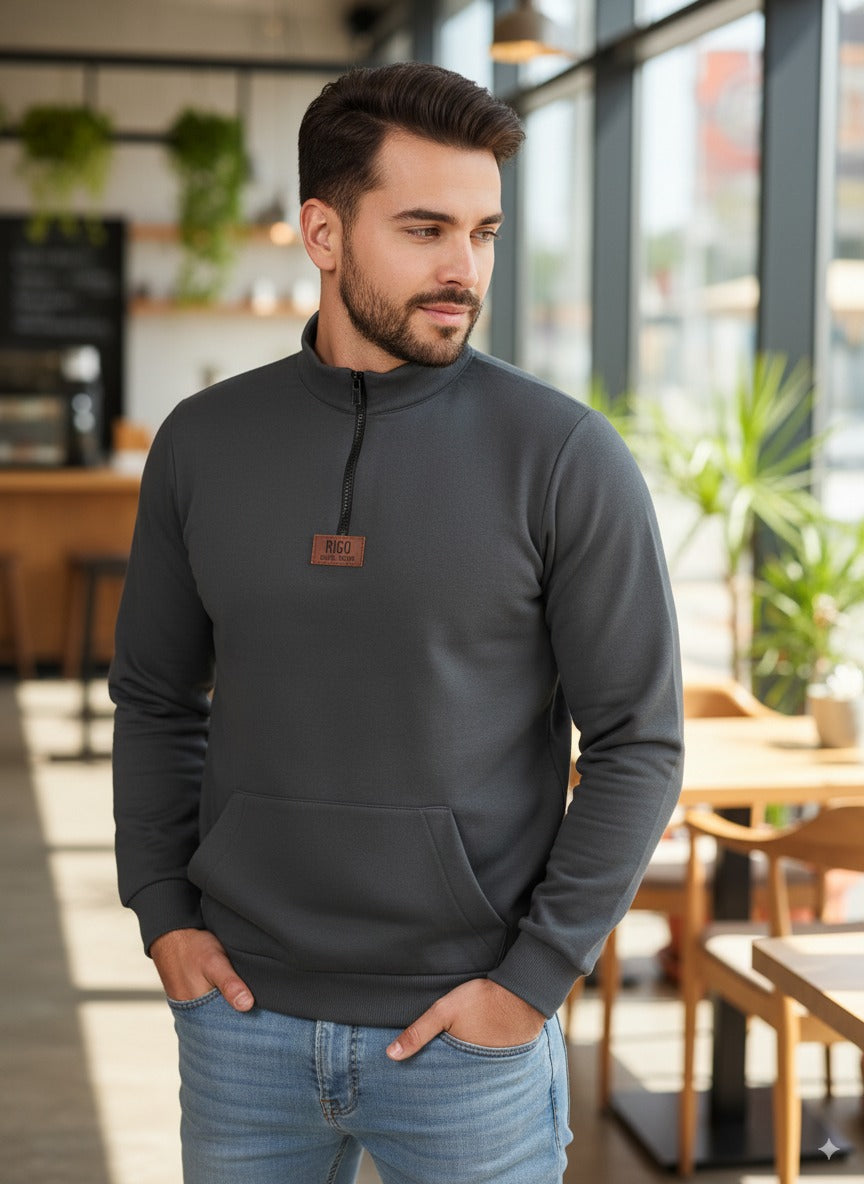 Men Grey Zip-Up Fleece Sweatshirt