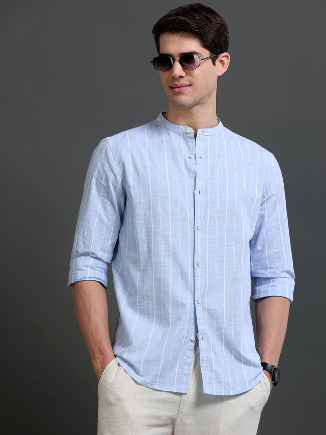Men Blue Striped Cotton Shirt