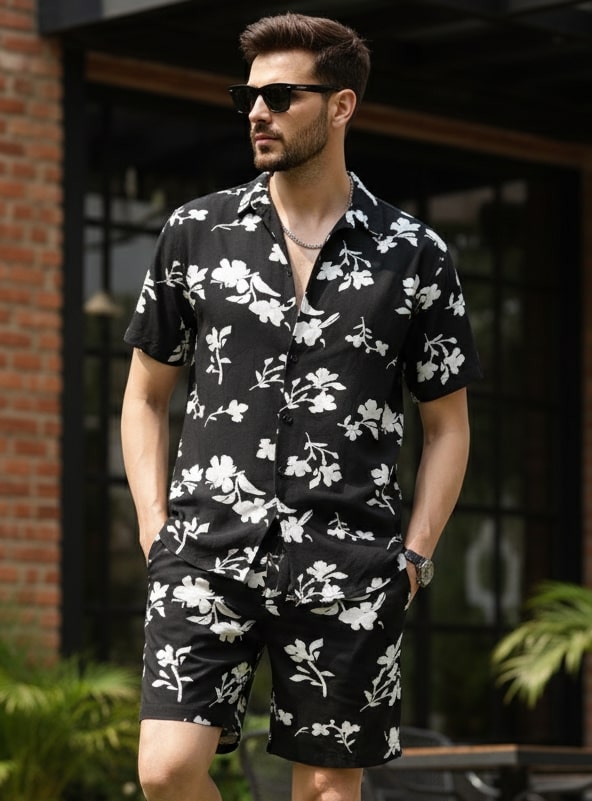 Men Black Floral Co-Ords
