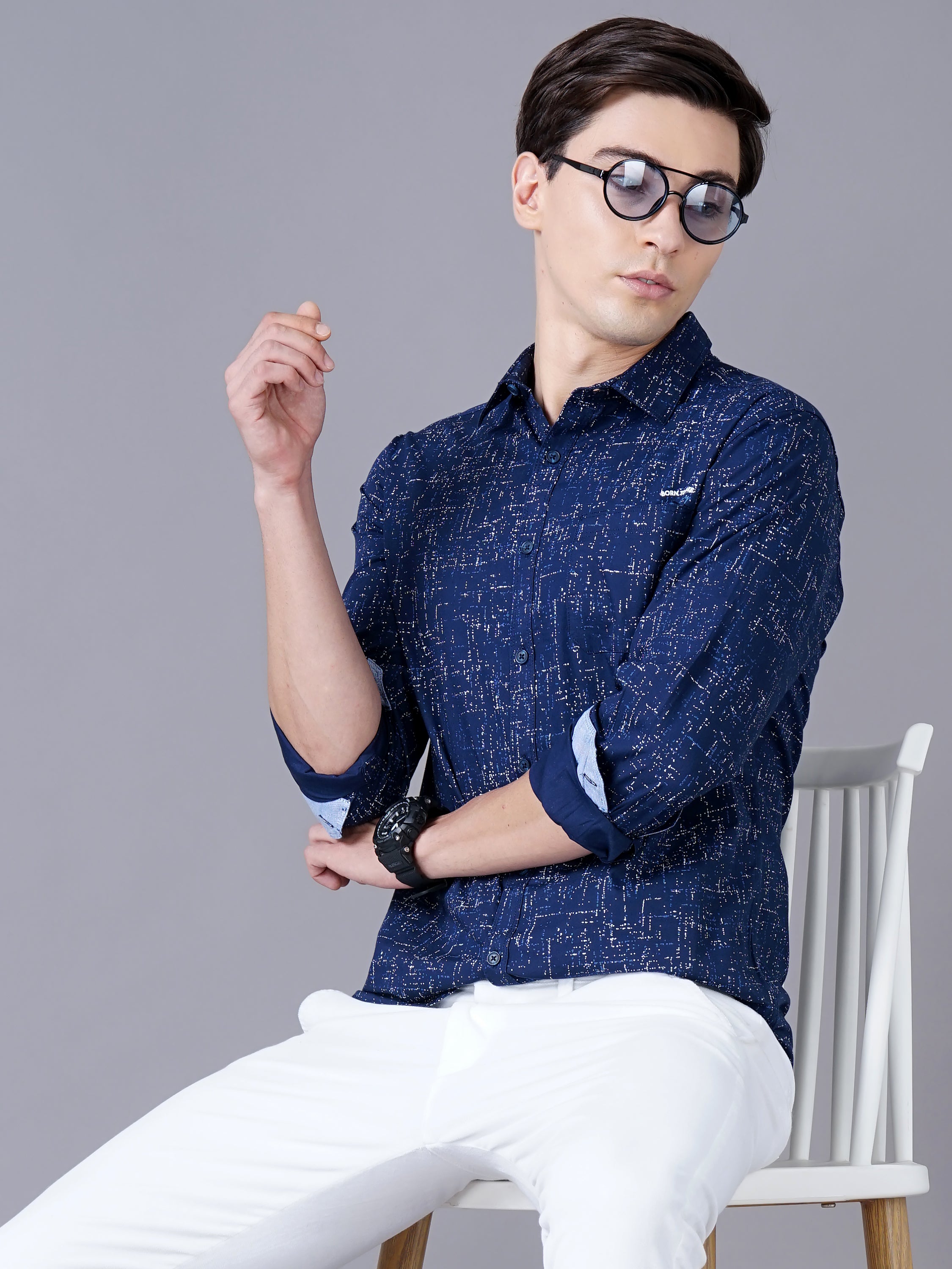 Men Blue Cotton Slim Shirt