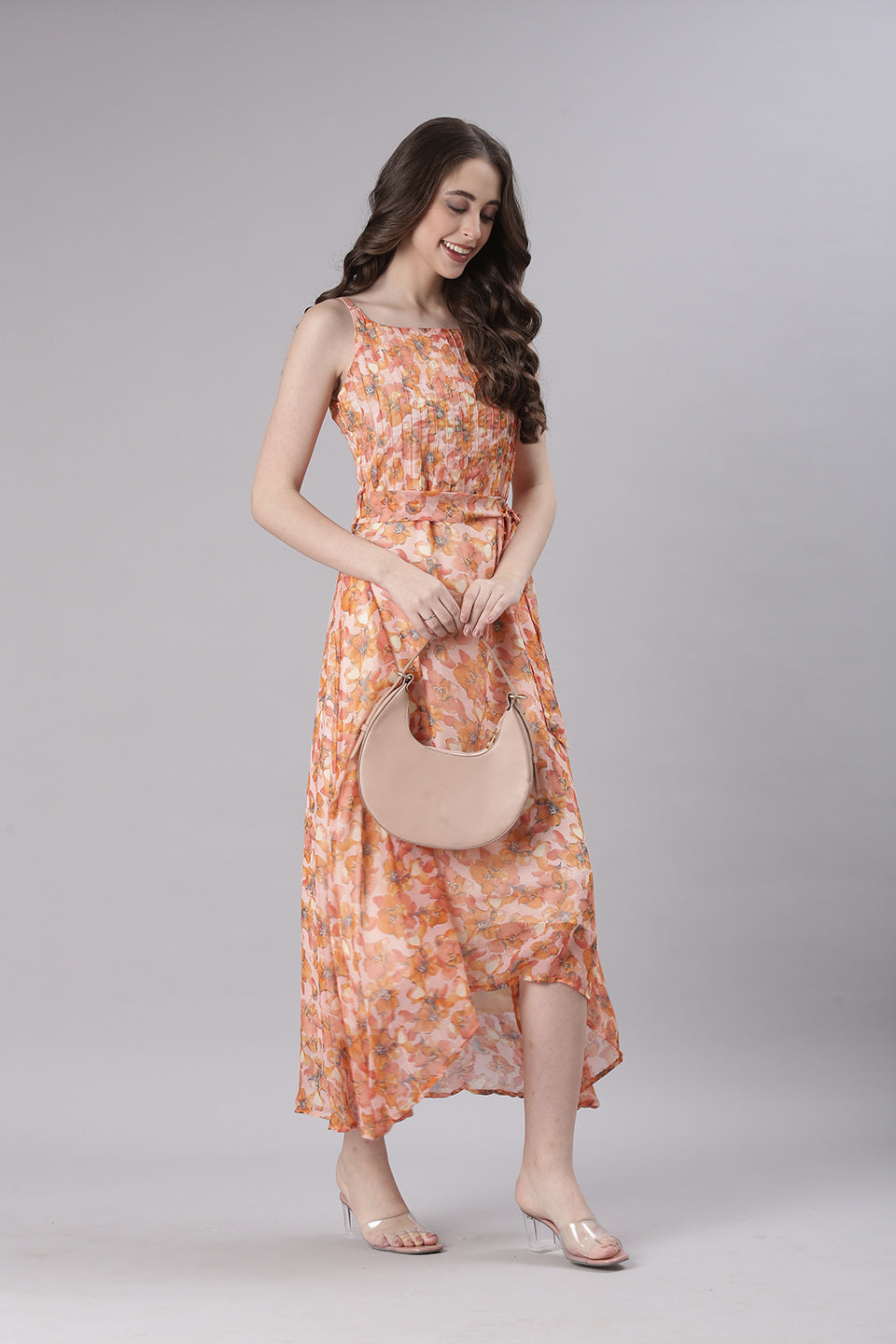 Women Peach Floral Print Tiered Dress