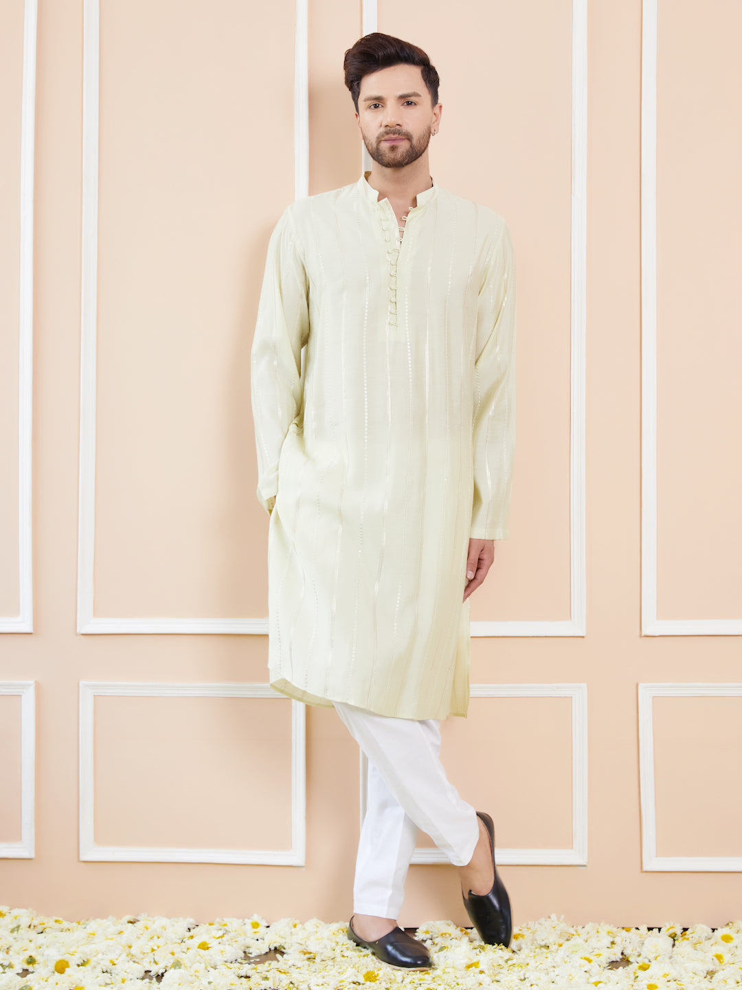 Men Cream And Gold Chanderi Silk Sequins Kurta