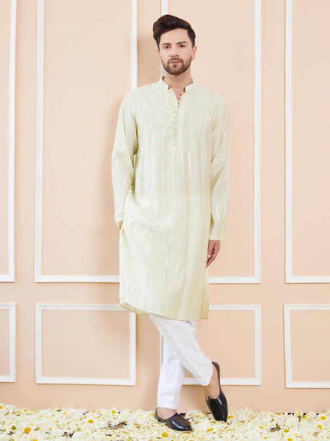 Men Cream And Gold Chanderi Silk Sequins Kurta