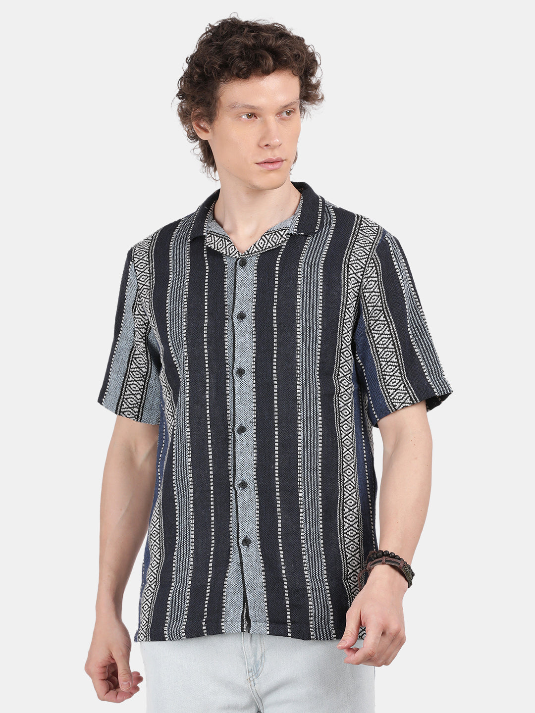 Men Black Slim Fit Spread Collar Half Sleeve Casual Shirt