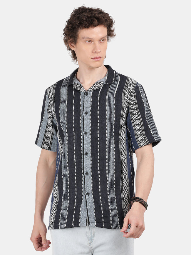 Men Black Slim Fit Spread Collar Half Sleeve Casual Shirt