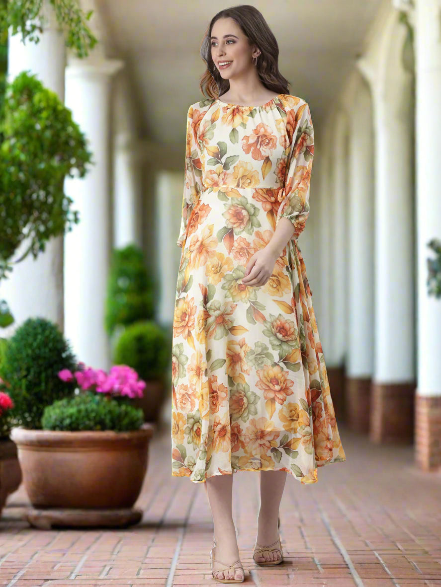 Women Cream Floral Chiffon Dress
