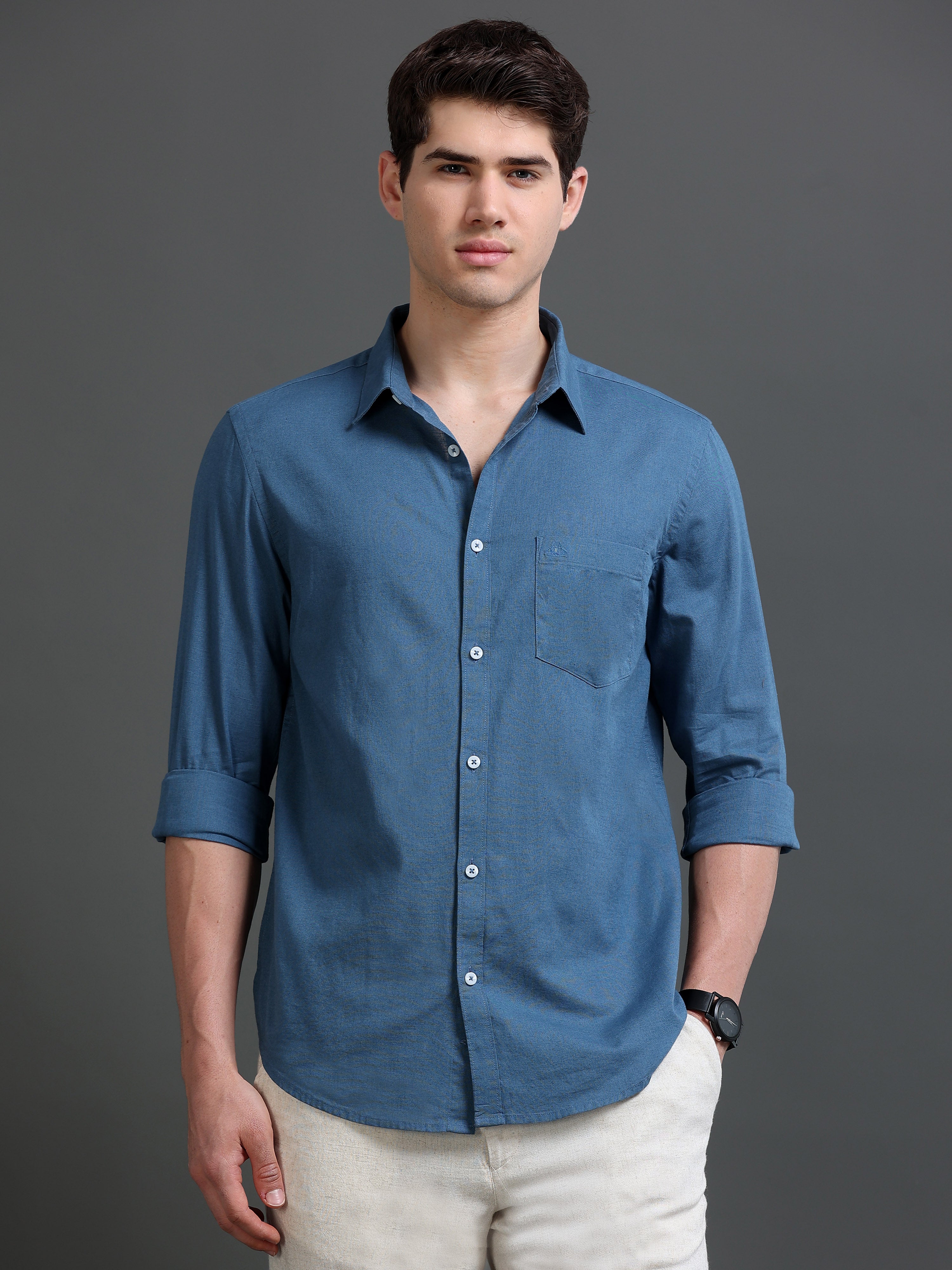 Men Blue Slub Solid Shirt