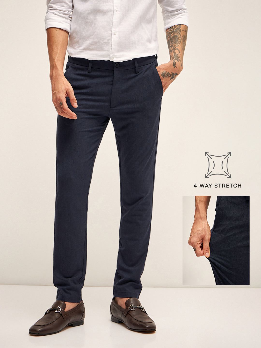 Men Navy Solid 4 Way Stretch Formal Trouser