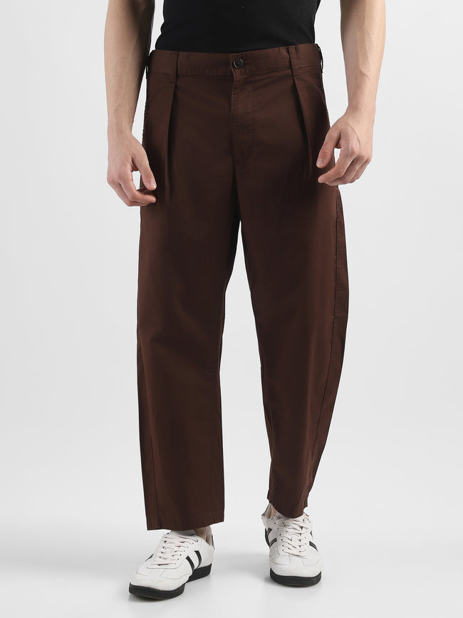 Men Brown Pleated Mid Rise Comfort Fit Trousers