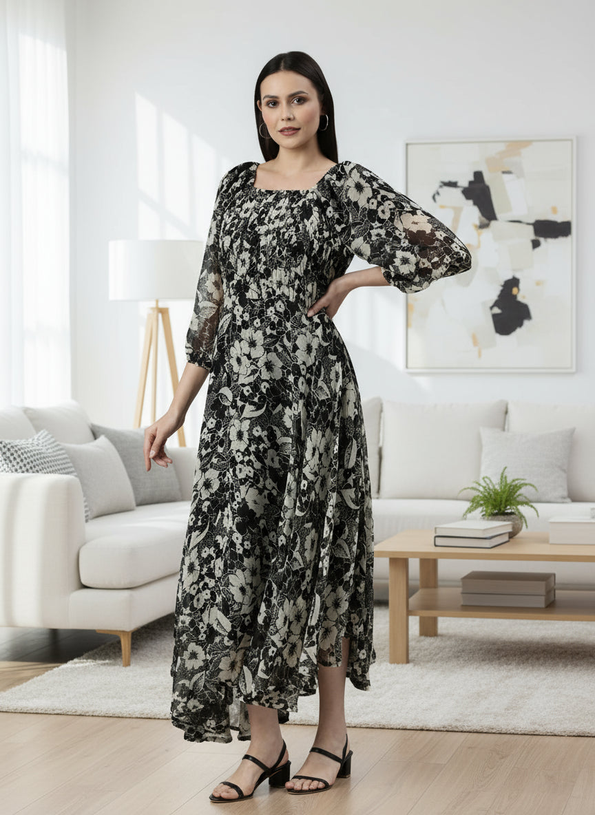 Women Floral Woven Maxi Chiffon Dress