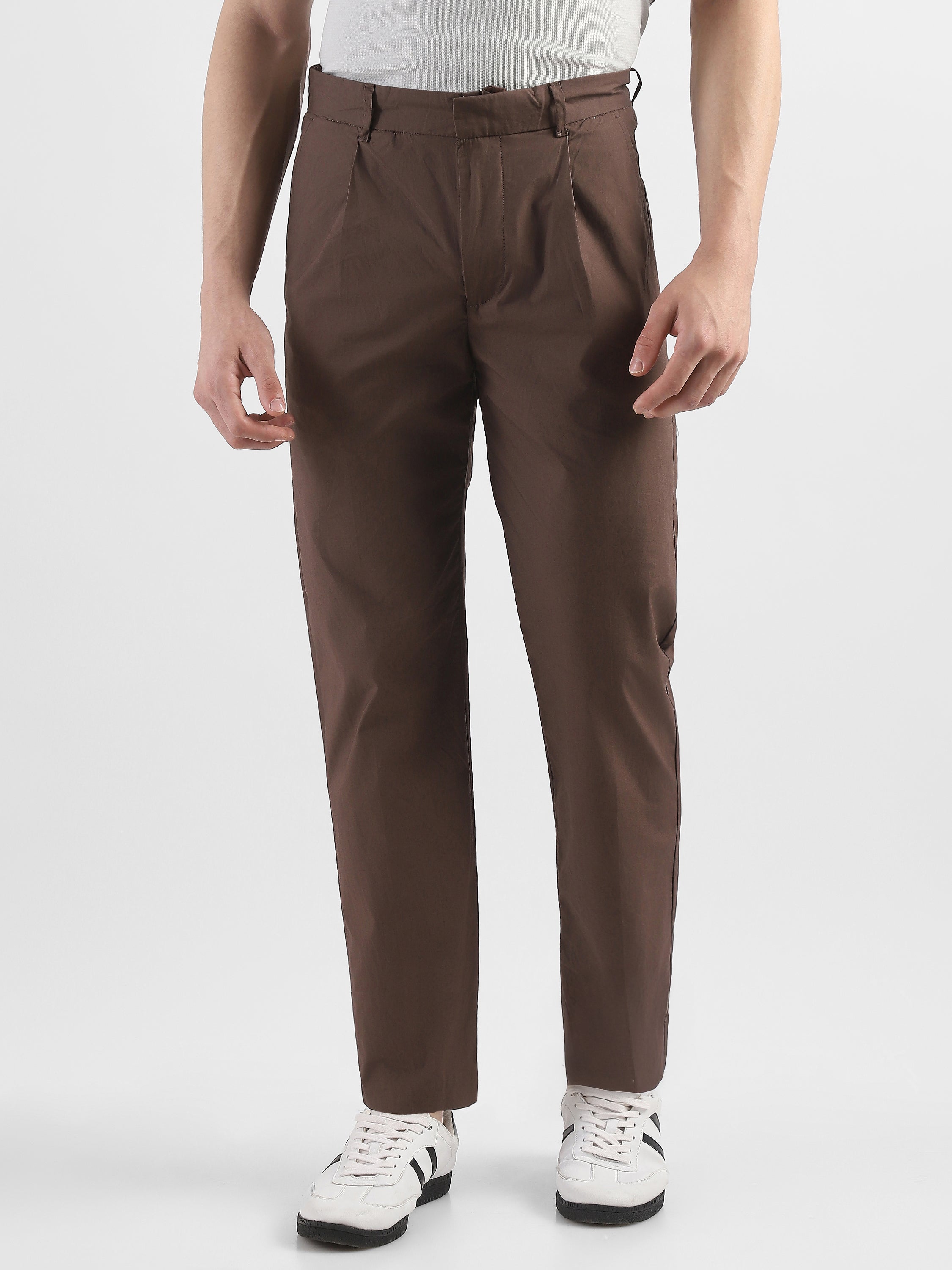 Men Brown Pleated Regular Fit Trouser