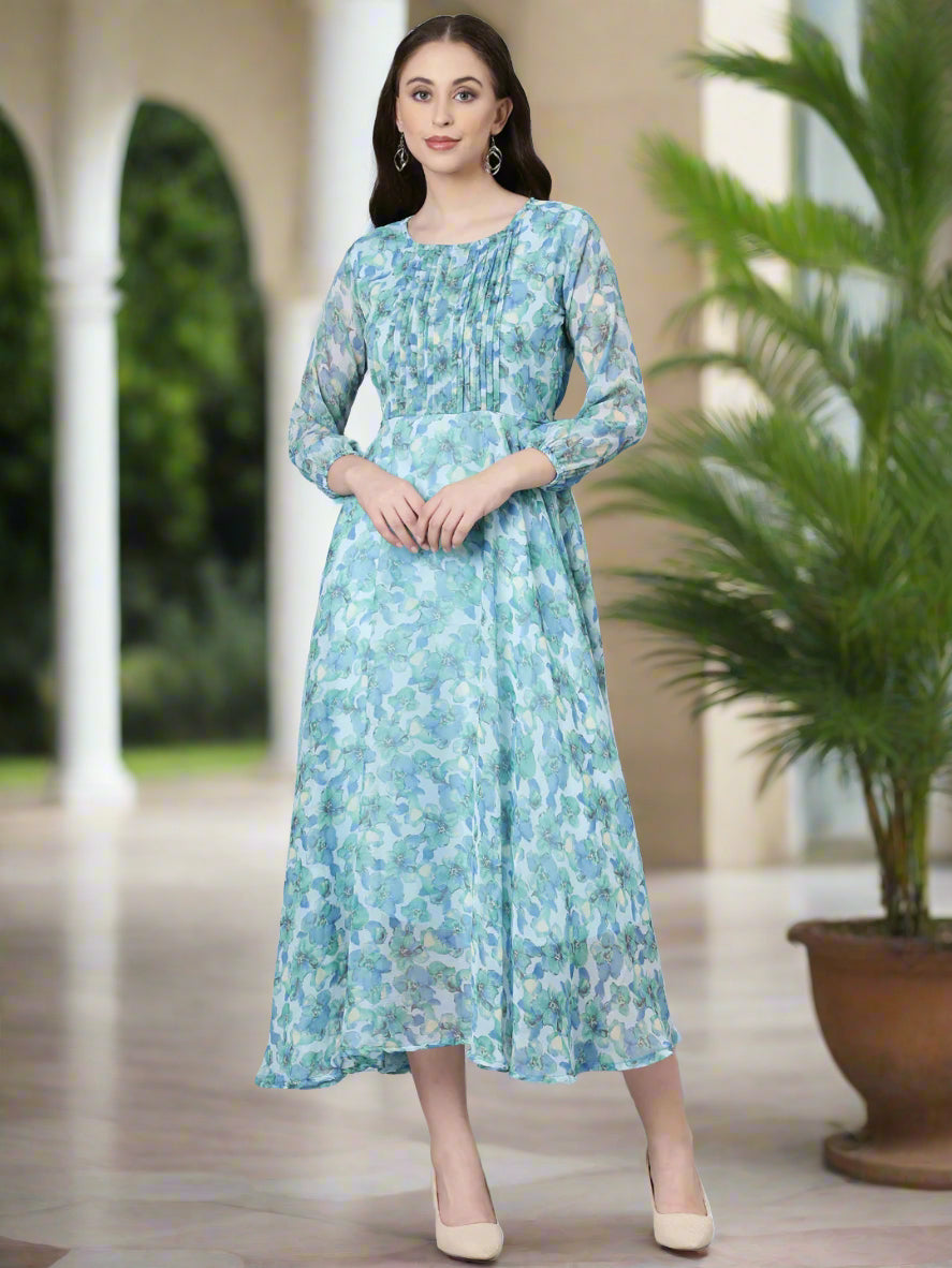 Women Blue Floral Chiffon Maxi Dress