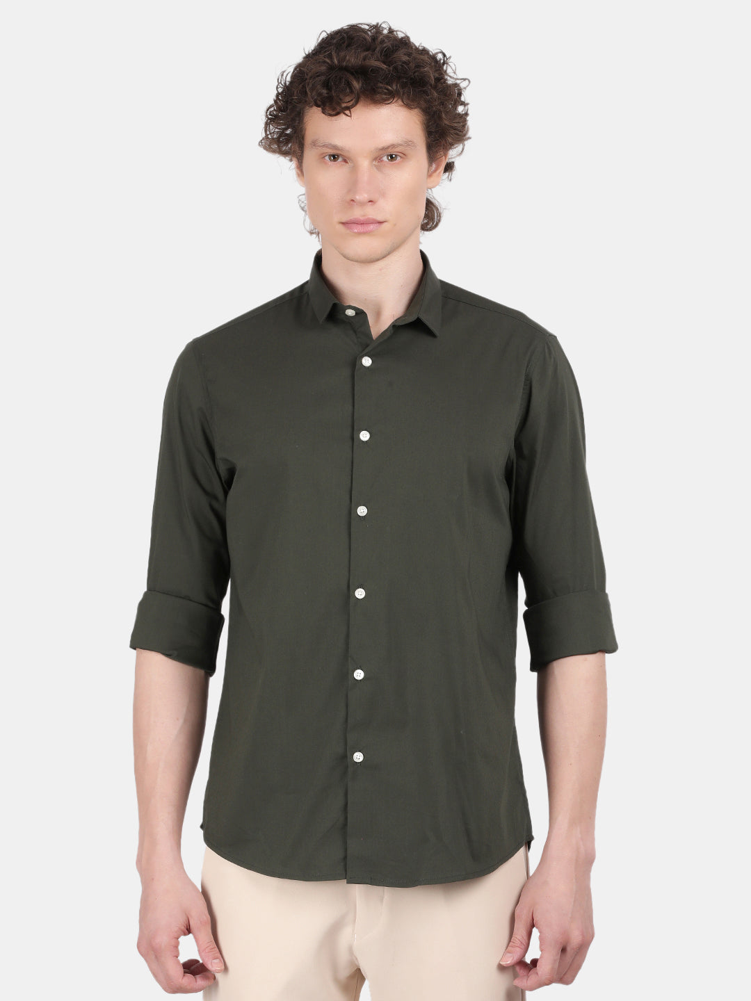 Men Dark Green Slim Fit Spread Collar Full Sleeve Casual Shirt