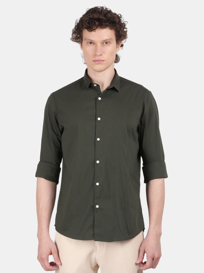 Men Dark Green Slim Fit Spread Collar Full Sleeve Casual Shirt