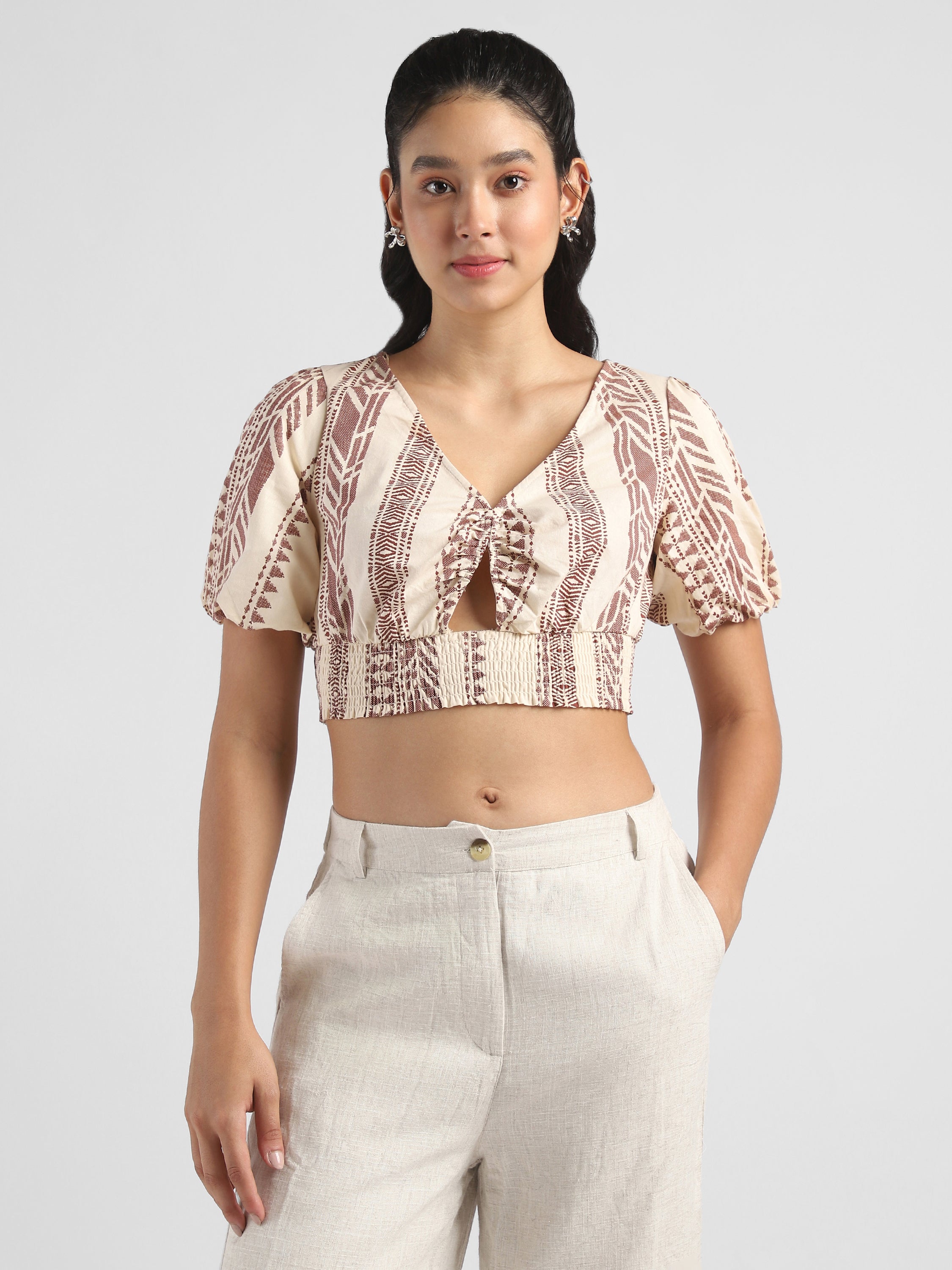 Women Beige Printed Crop Top
