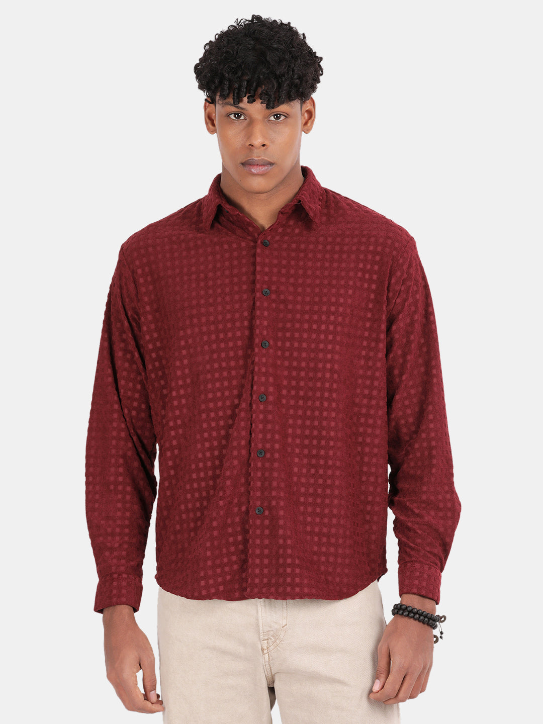 Men Maroon Slim Fit Spread Collar Full Sleeve Casual Shirt