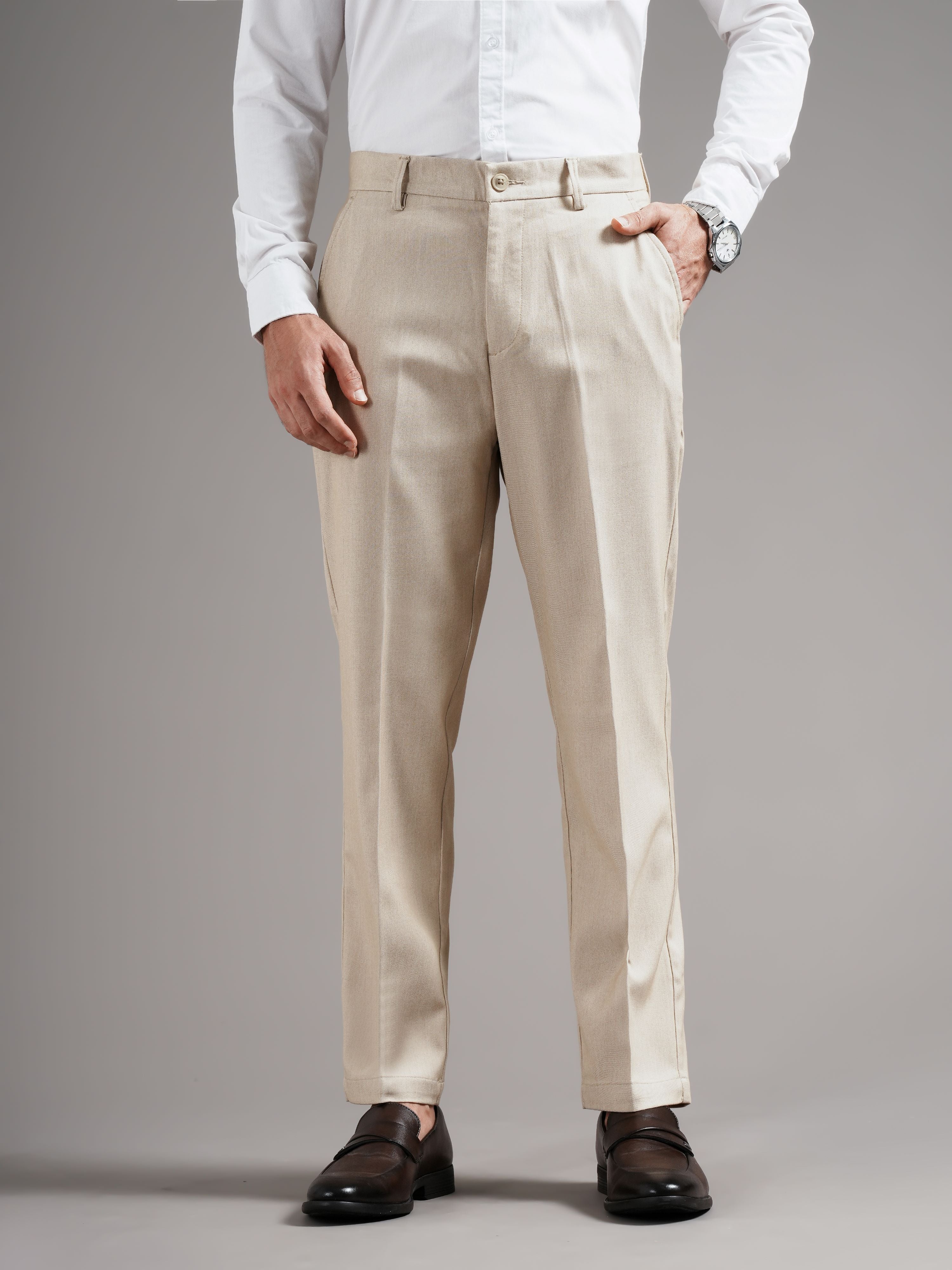 Men Beige Straight Fit Trousers