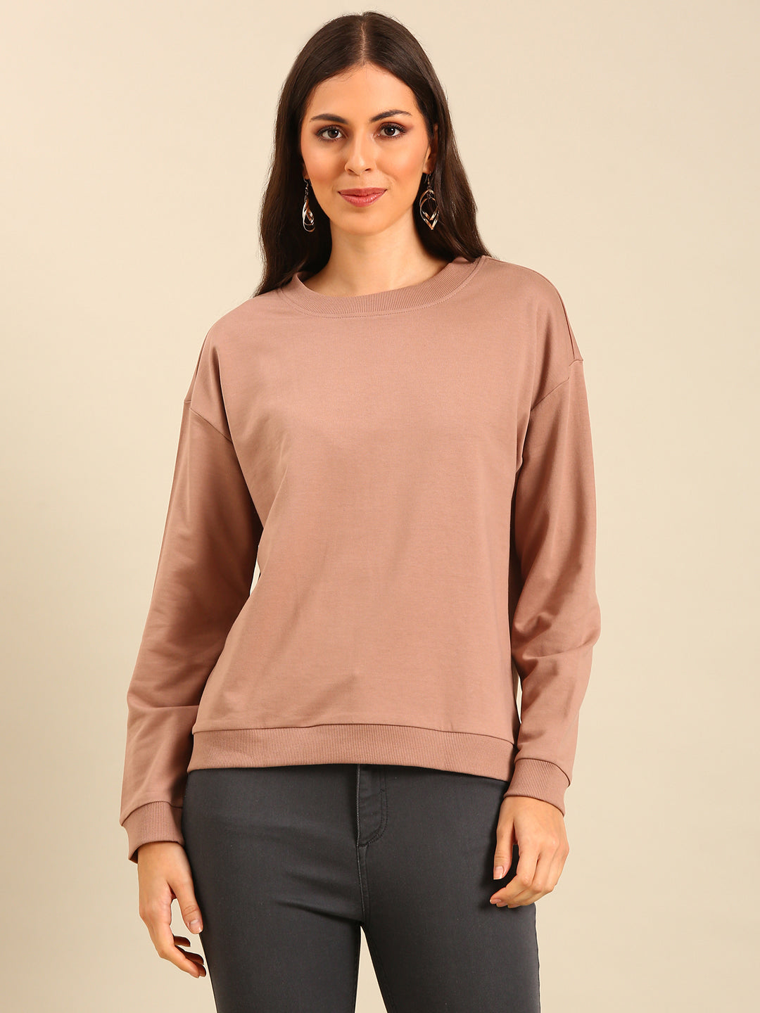 Women Beige Winter Sweatshirt