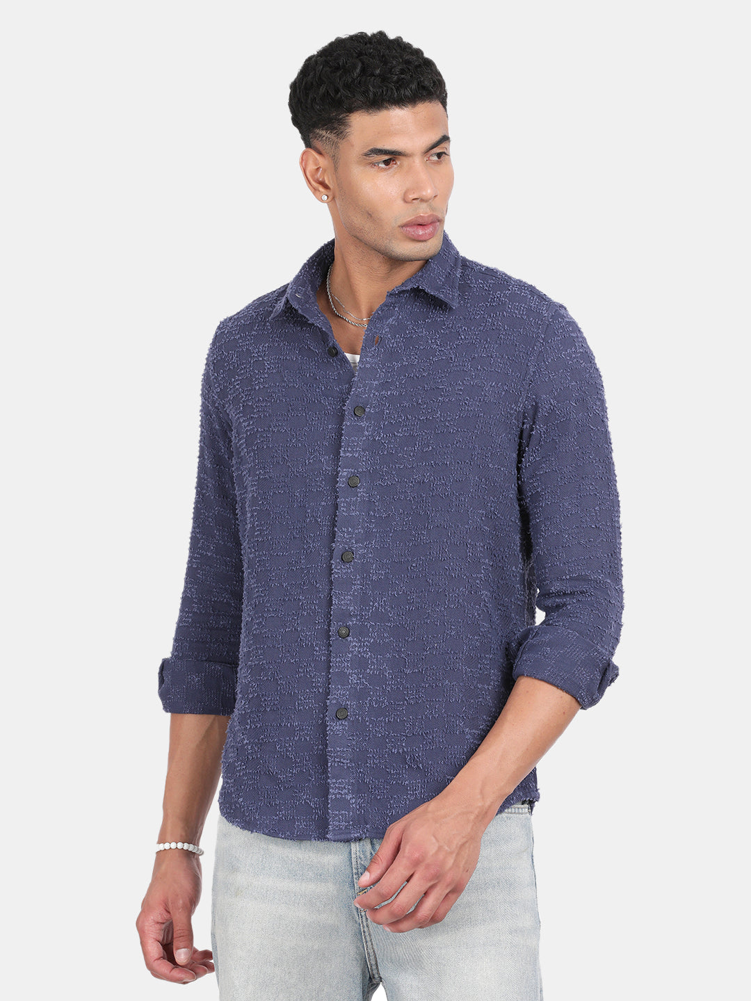 Men Navy Slim Fit Spread Collar Full Sleeve Casual Shirt