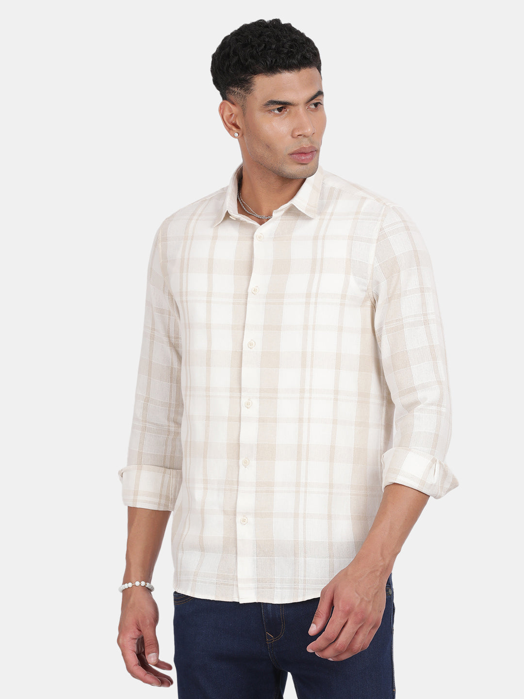 Men Light cream Slim Fit Spread Collar Full Sleeve Casual Shirt
