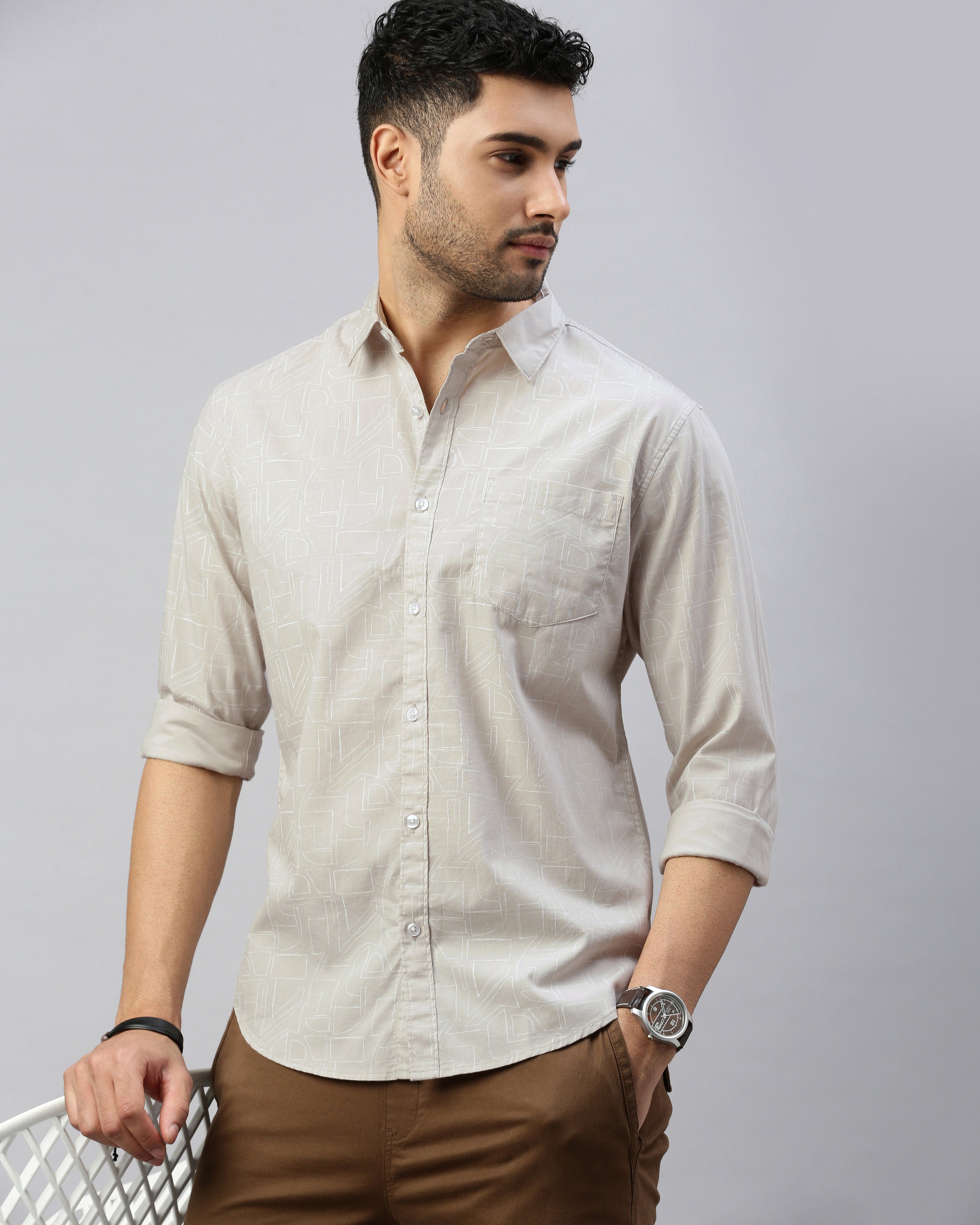 Men Beige Cotton Slim Shirt