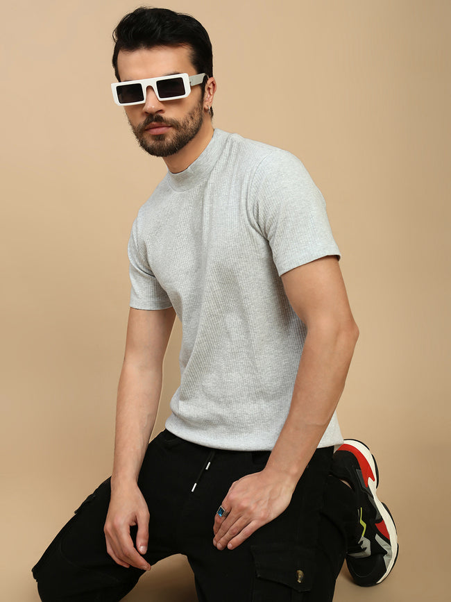 Men Grey High Neck Tee