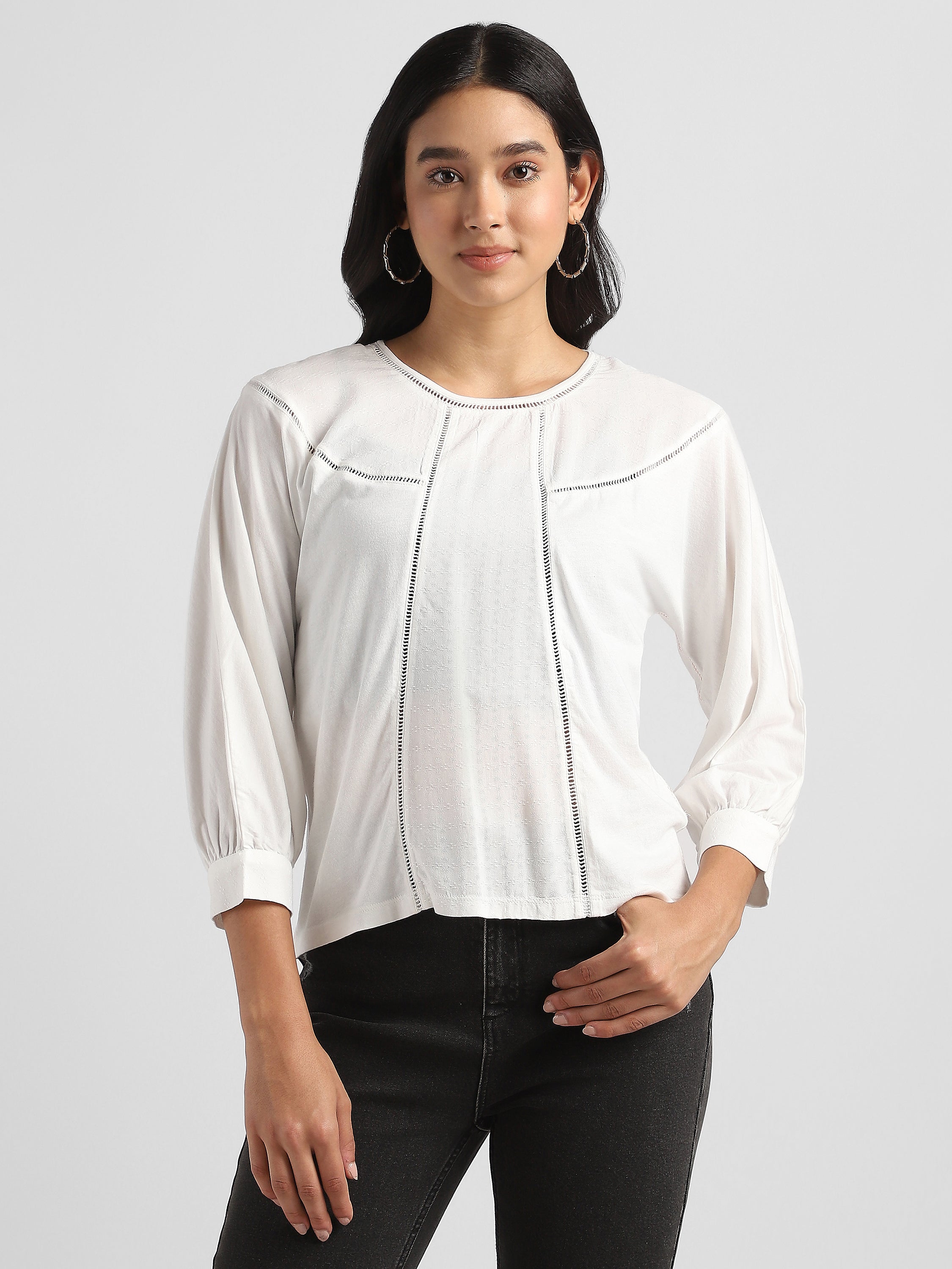 Women White Elegant Top with Balloon Sleeves and Lace Inserts